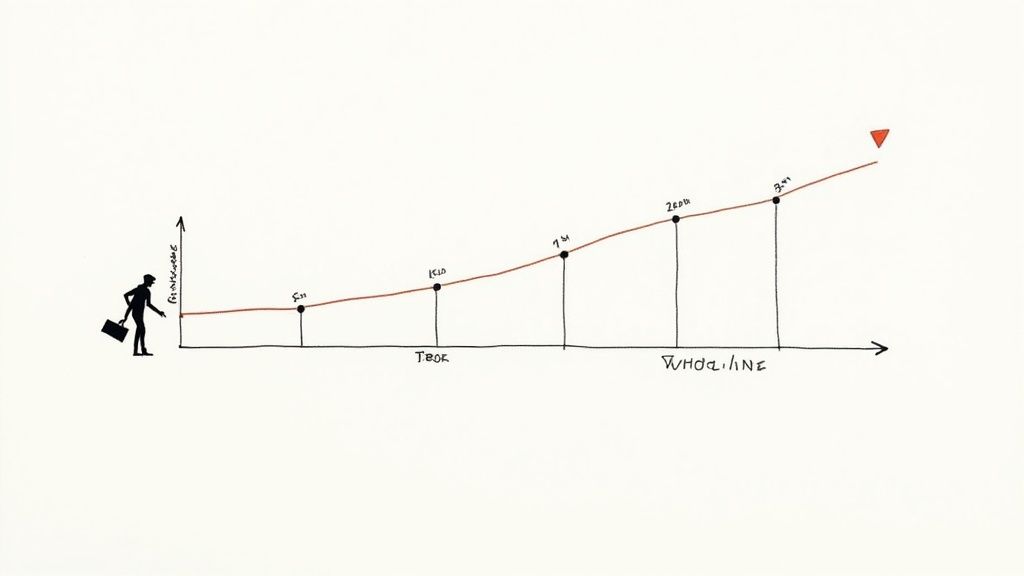 Hand-drawn graph shows a businessman at the start of an upward trending red line with milestones.