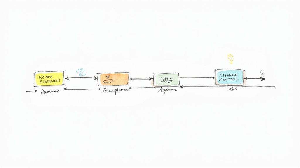 A hand-drawn flowchart illustrating a project scope management process, including WBS and change control.