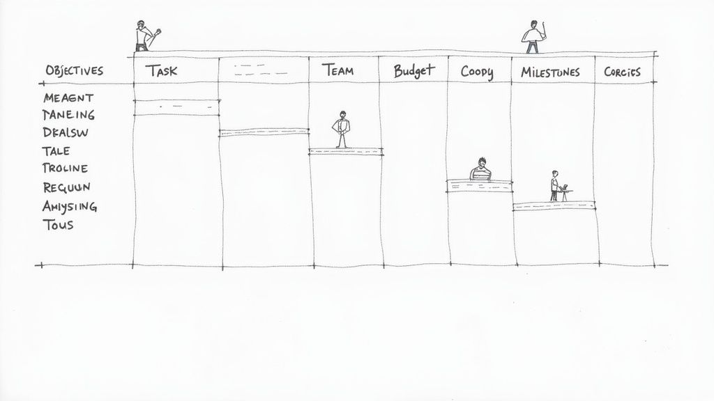 Project management chart showing stick figures climbing stairs through columns labeled task, team, budget, milestones