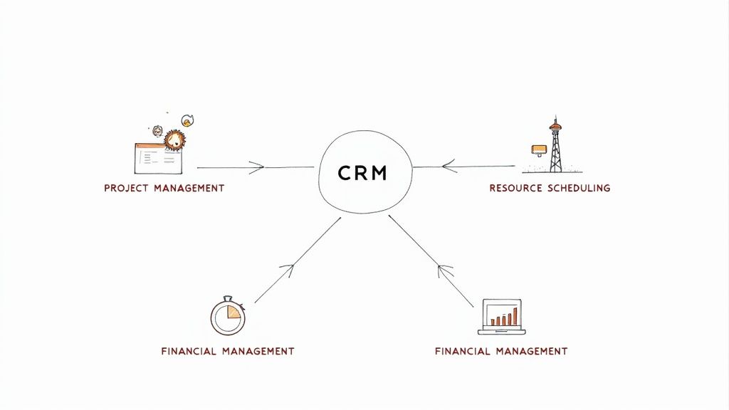 Diagram showing CRM as a central hub integrating with project management, resource scheduling, and financial management.