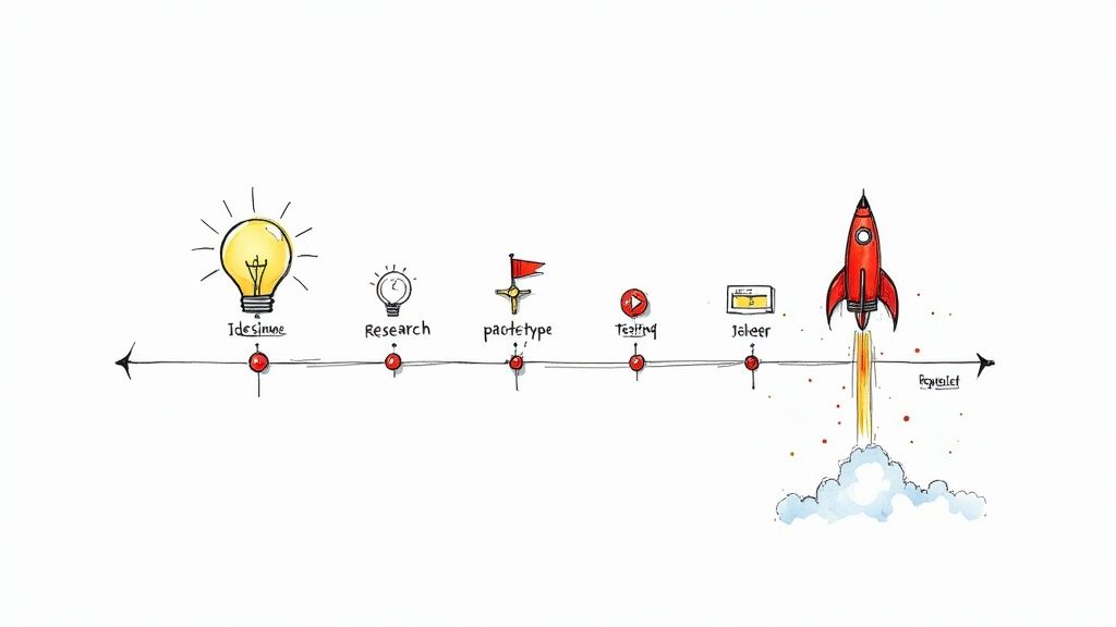 Startup launch process timeline from ideation through research, prototype, testing, to rocket ignition