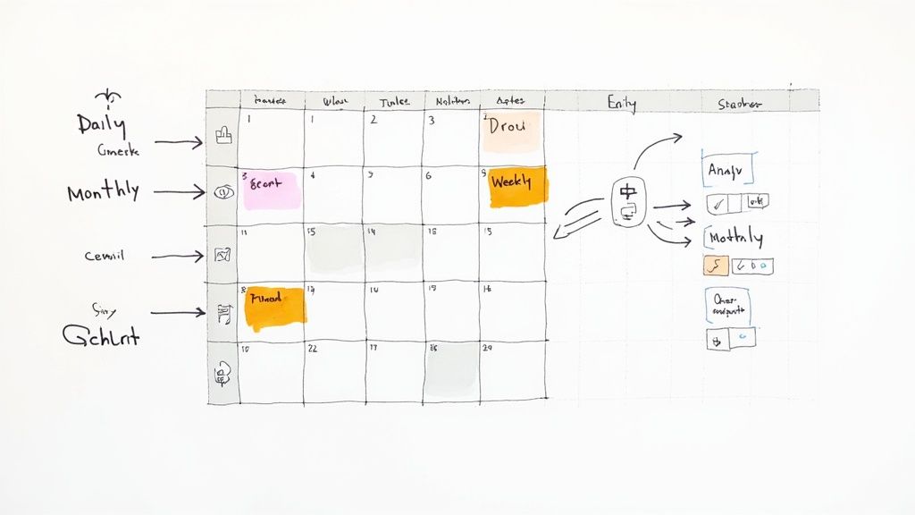 A detailed handwritten project management calendar with daily, monthly tasks, and a workflow diagram.