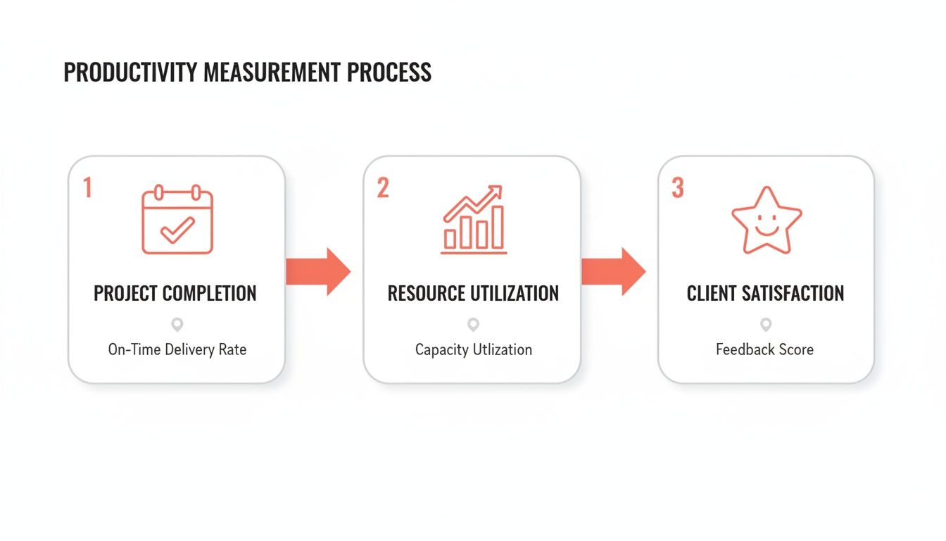 A three-step productivity measurement process flow, outlining project completion, resource utilization, and client satisfaction.