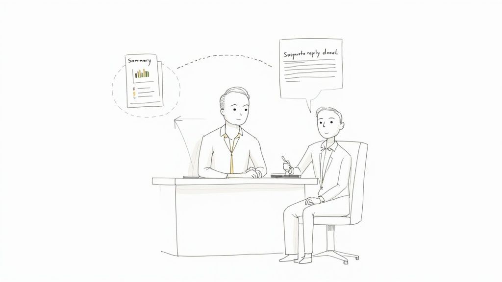 Two business professionals discuss a summary report and a suggested reply in an office setting.