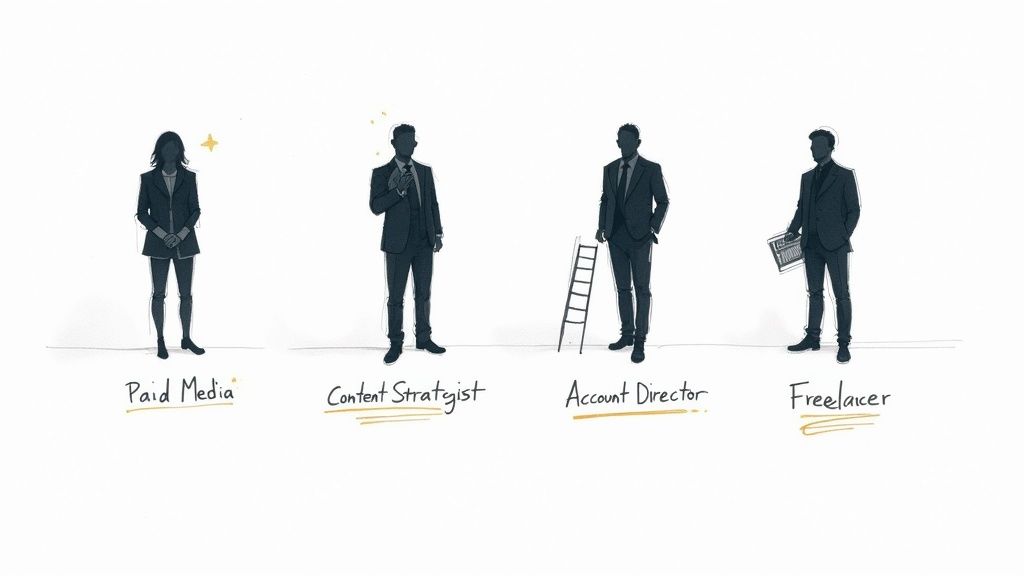 Four stylized figures illustrate professional roles: Paid Media, Content Strategist, Account Director, and Freelancer.