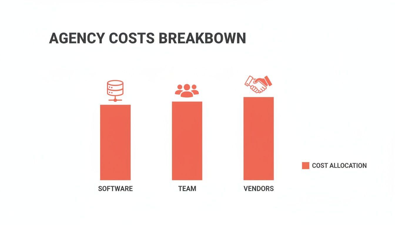 Bar chart illustrating agency cost breakdown across software, team, and vendors with similar allocation.