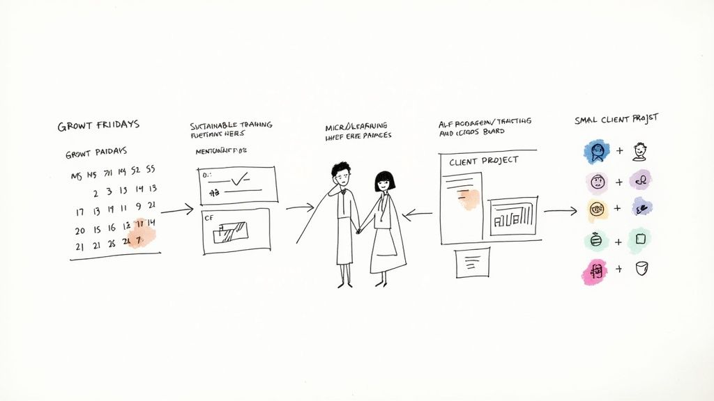 A hand-drawn process diagram outlines a professional development and client project workflow.