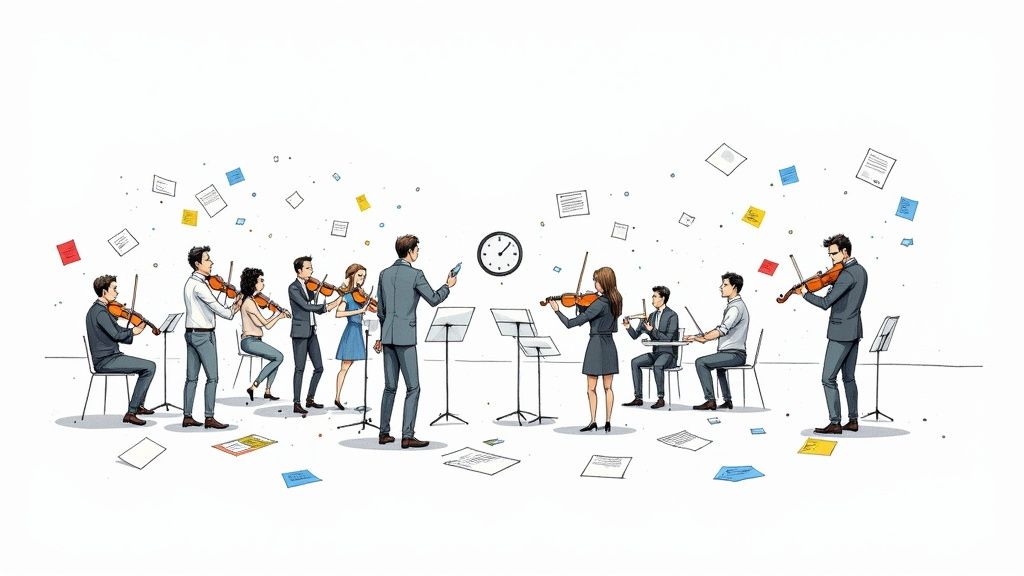 Illustration of business professionals playing violins, a conductor, scattered documents, and a wall clock.
