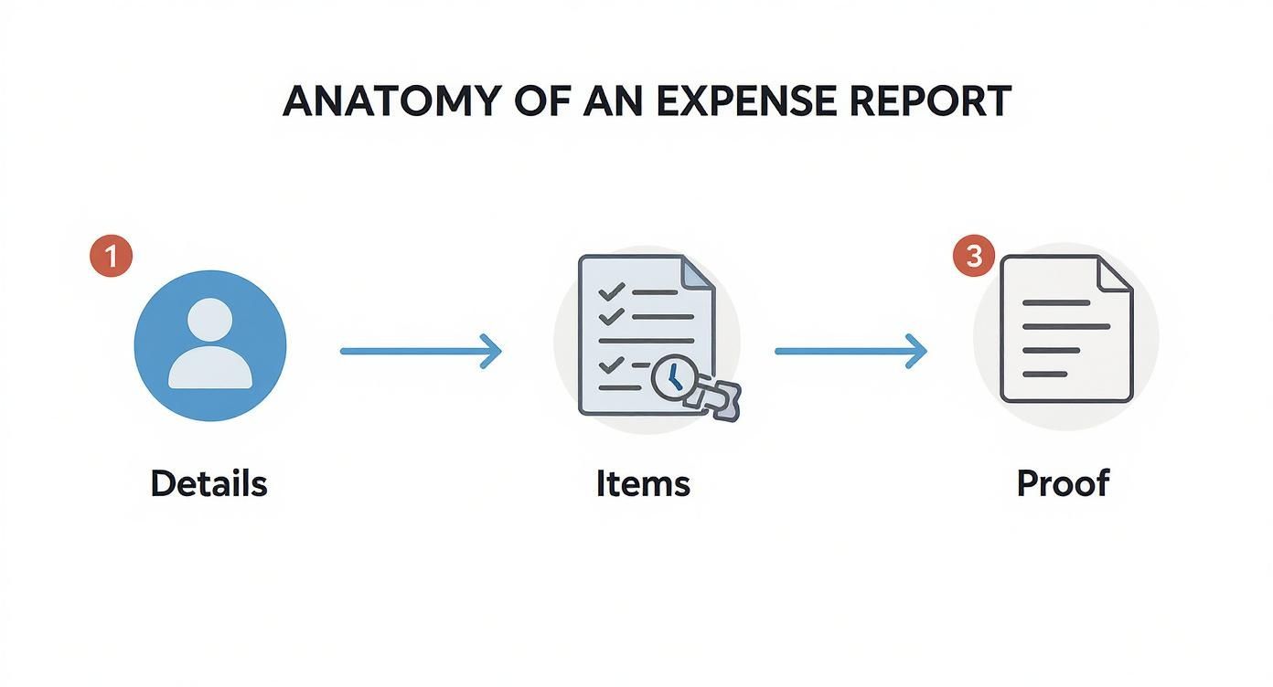 Diagram illustrating the anatomy of an expense report, showing steps: Details, Items, and Proof.