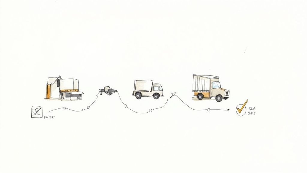 Illustrated diagram of a product's journey from factory through various trucks to successful SLA delivery.