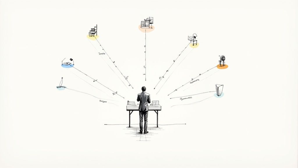 An illustration of a manager overseeing diverse tasks and timelines radiating from a central desk.