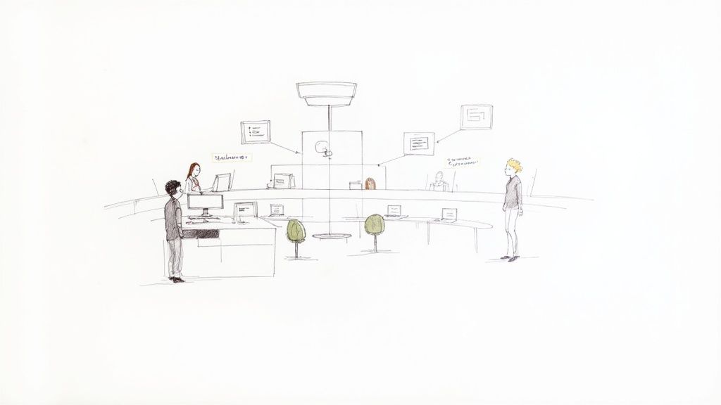 A hand-drawn illustration showing a customer support office with staff and digital information.
