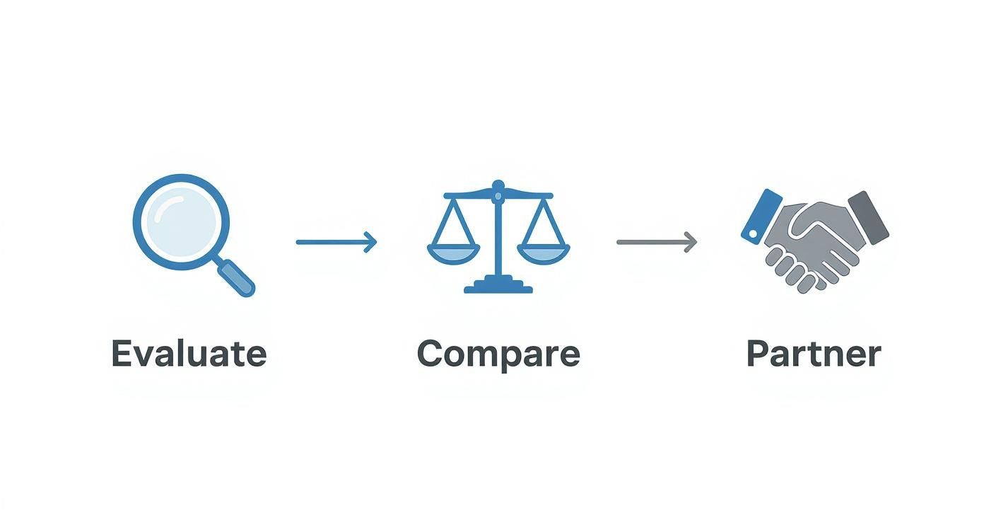 Three-step business process workflow showing evaluate, compare, and partner phases with icons