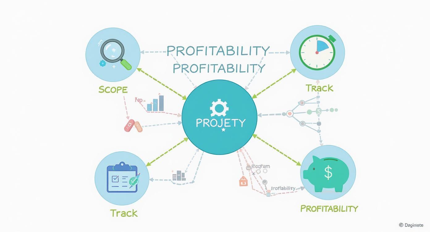 A project management diagram showing scope, tracking, and profitability as key interconnected aspects.