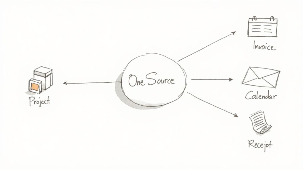 A diagram illustrates 'One Source' centralizing connections to 'Project', 'Invoice', 'Calendar', and 'Receipt'.