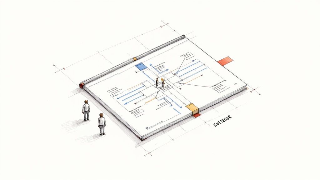 Illustration of individuals analyzing a complex scope management plan diagram within an open rulebook.