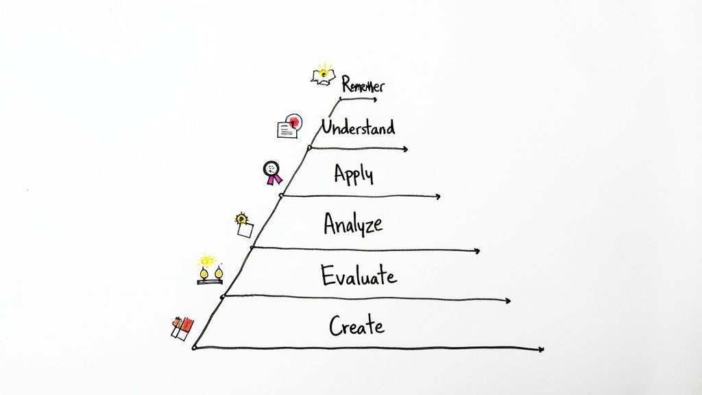 Hand-drawn pyramid diagram illustrating six levels of cognitive skills: Create to Remember.