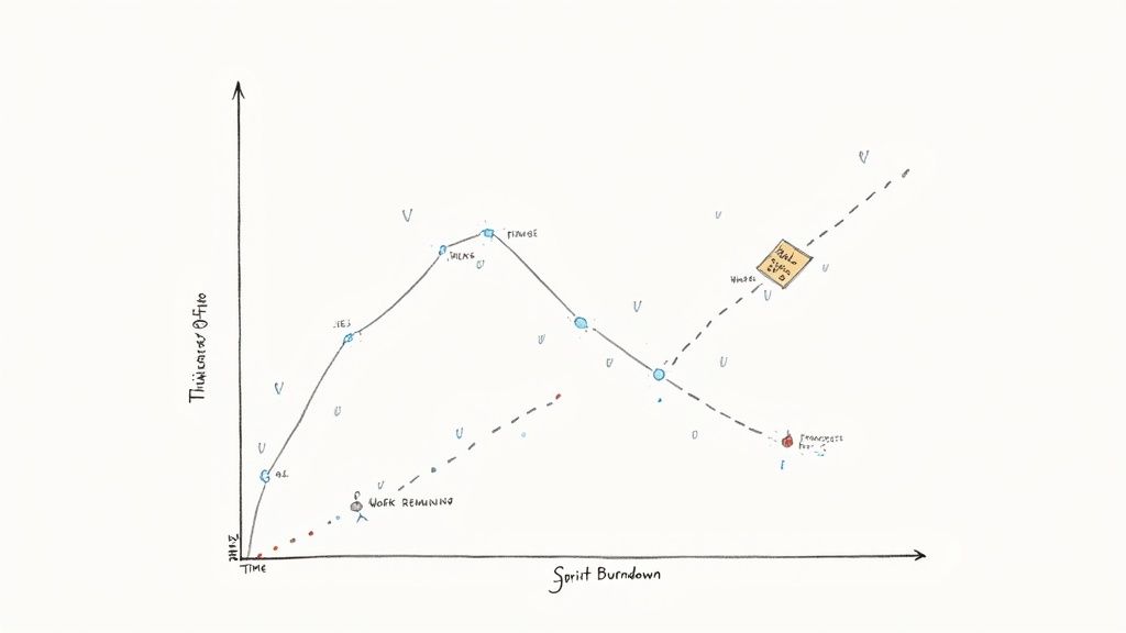 Hand-drawn burndown chart showing project progress over time with work remaining and various labels.