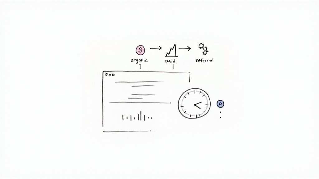 Sketch illustrating digital analytics: traffic sources (organic, paid, referral) flowing into a dashboard with metrics and a clock.