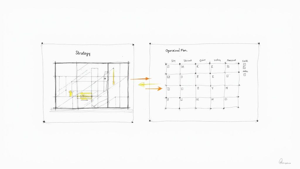 Hand-drawn diagrams illustrating the connection between a strategic plan and a detailed operational calendar.