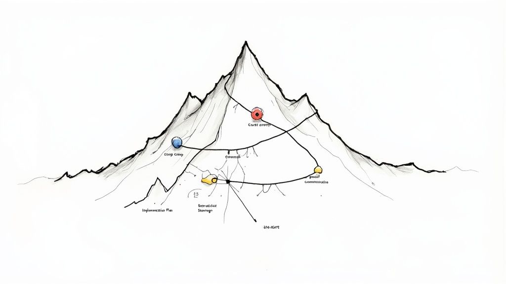 A hand-drawn mountain illustration depicting a project implementation plan with various labeled stages and paths.