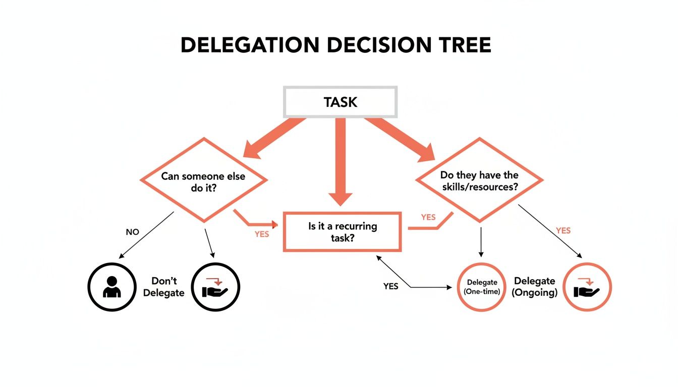 A flowchart illustrating a delegation decision tree with questions on task type and team capabilities.