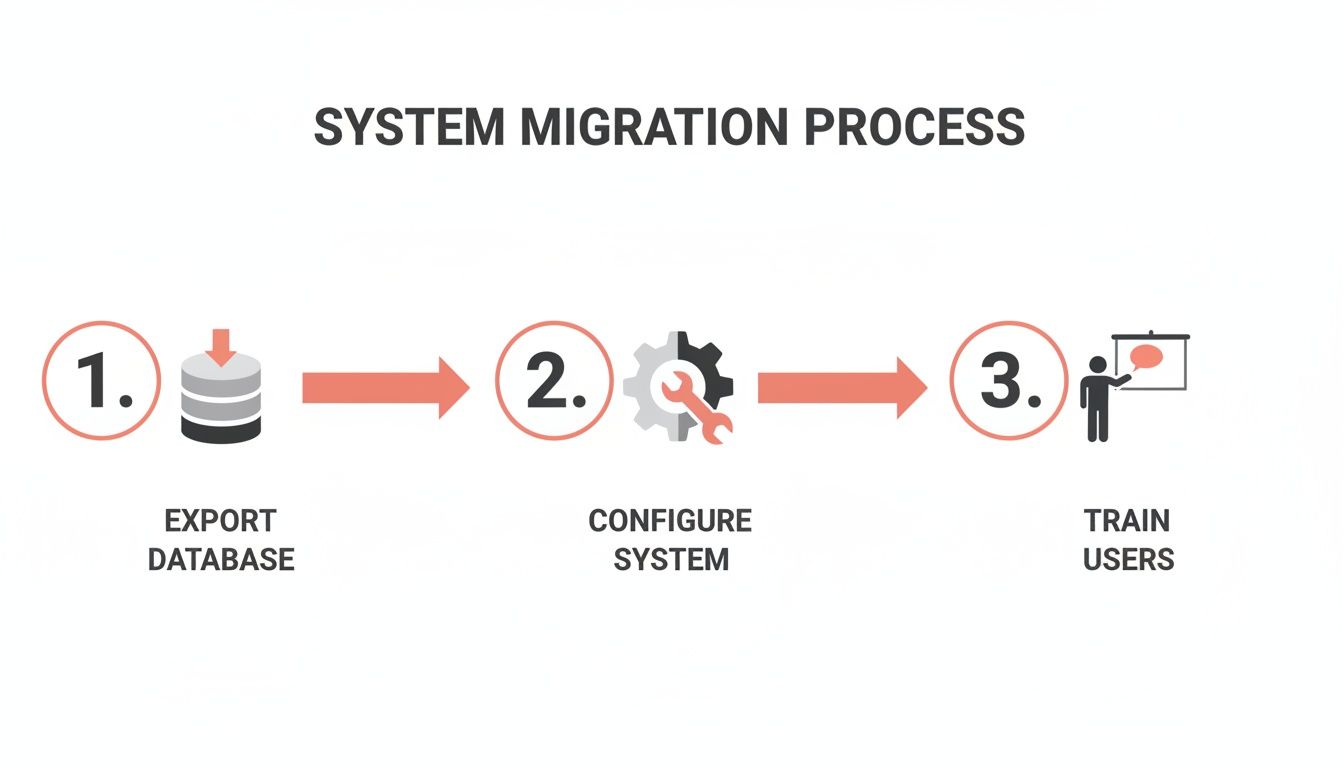 Infographic illustrating a three-step system migration process: export database, configure system, and train users.