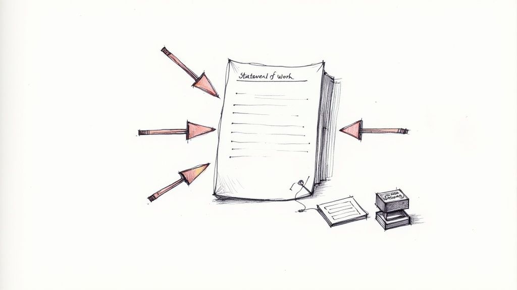 Illustration of a 'Statement of Work' document with input arrows, a stapler, and a staple.