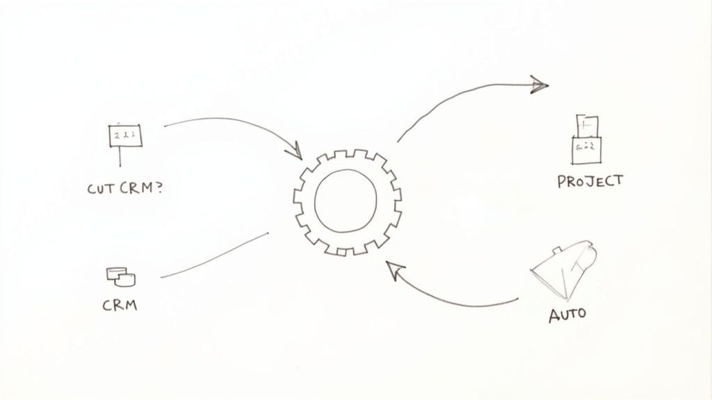 A hand-drawn diagram illustrating a central gear connected to 'CUT CRM?', 'PROJECT', 'AUTO', and 'CRM' in a circular flow.