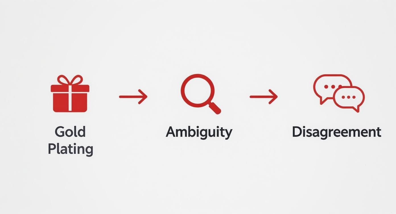 Flowchart illustrating Gold Plating leads to Ambiguity and ultimately Disagreement, with red icons.