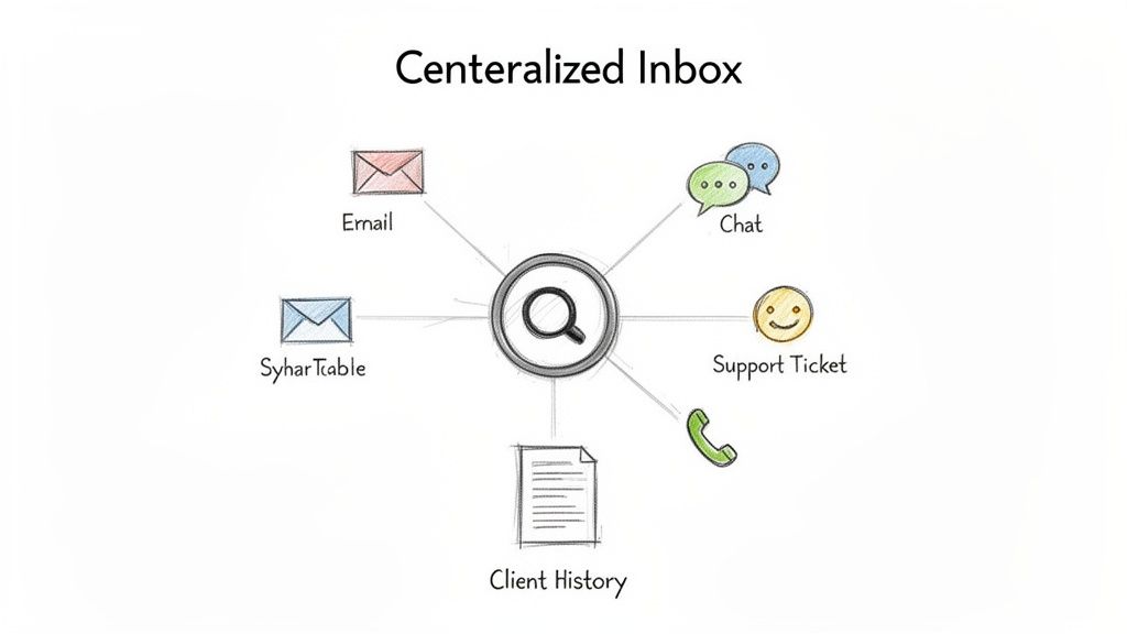Diagram showing a centralized inbox integrating email, chat, support tickets, and client history.