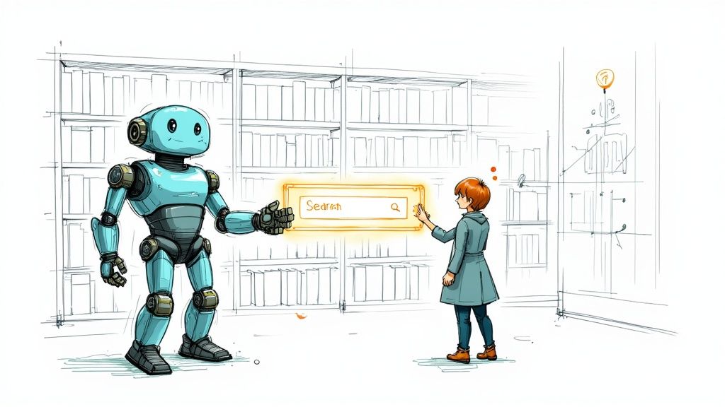 A friendly robot and a person interact with a glowing search bar in a digital library.