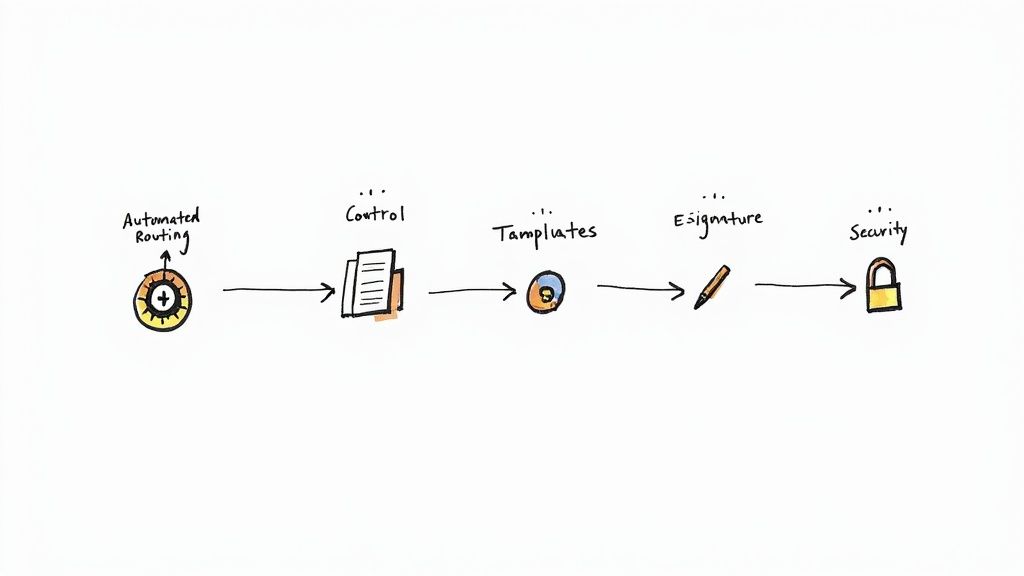 Document workflow process diagram showing automated routing through control, templates, e-signature, and security stages