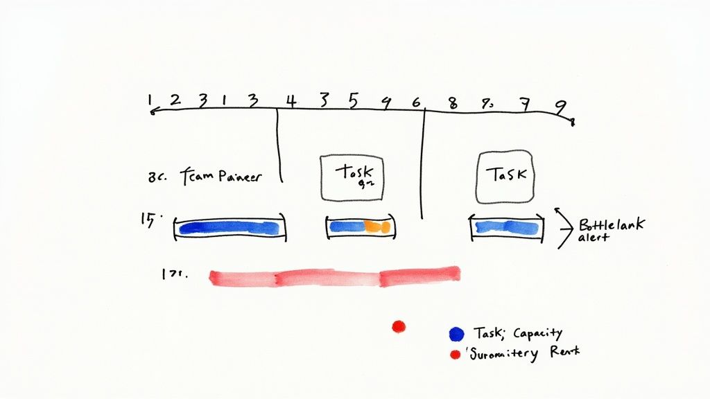 A handwritten diagram illustrating project task management with capacity, resources, and bottleneck alerts.