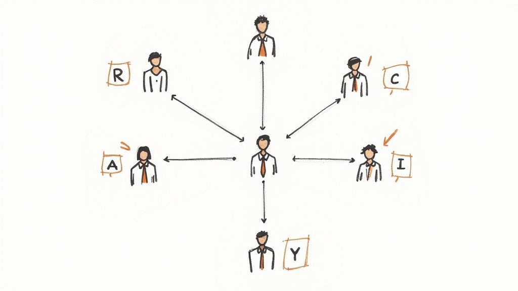 A hand-drawn organizational diagram with a central person connected to team members representing R, A, C, I roles.