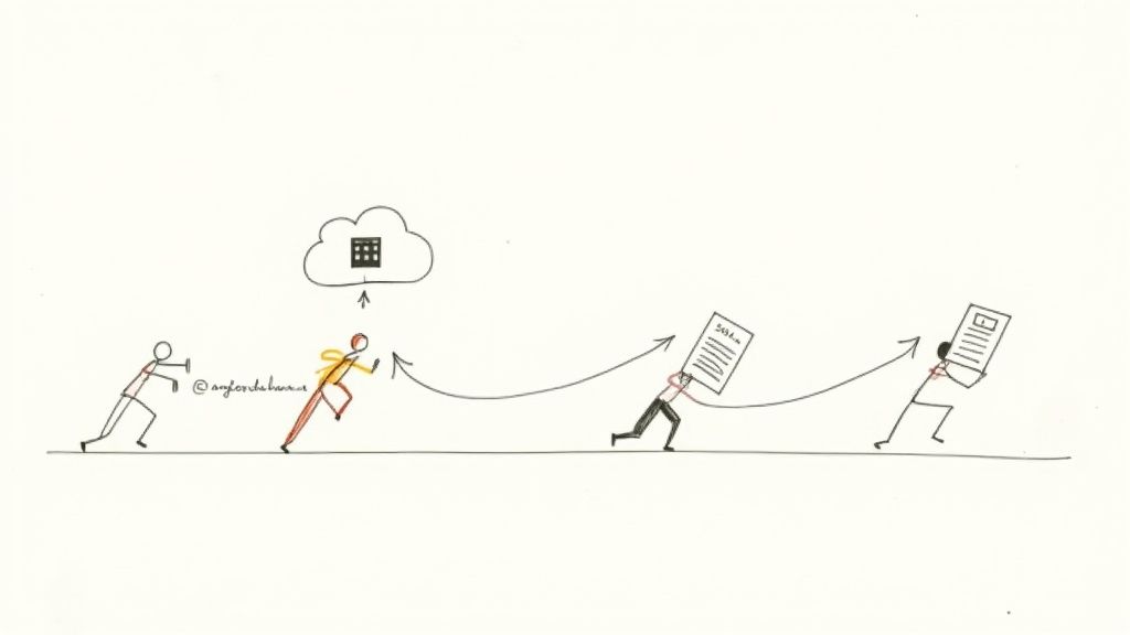 Stick figures passing documents through cloud-based workflow automation system from left to right