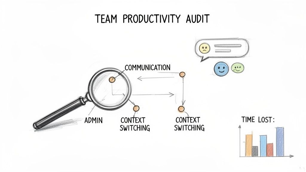 An illustration showing a team productivity audit, highlighting communication, admin, and context switching leading to time lost.