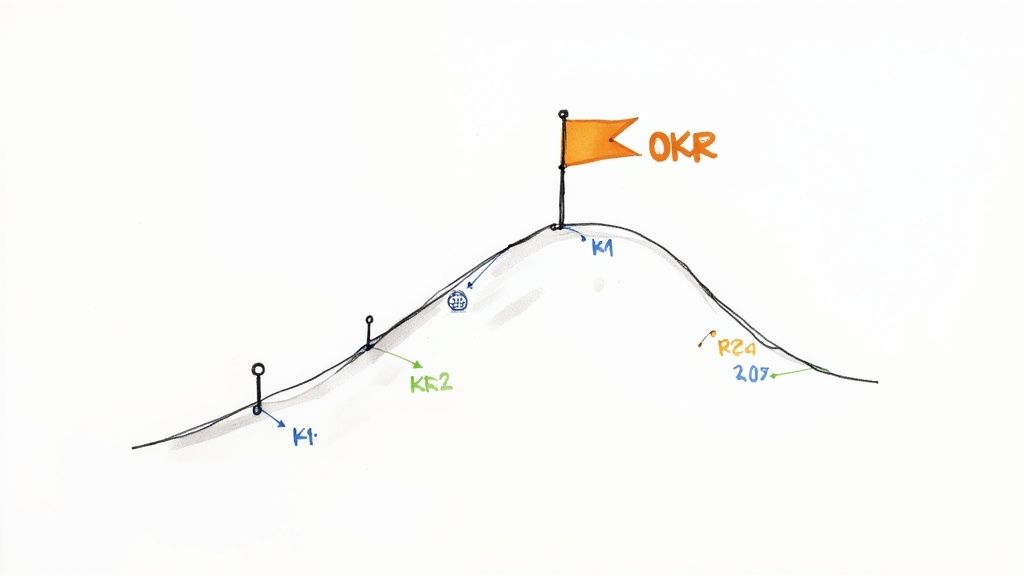 A hand-drawn illustration showing a mountain with an 'OKR' flag on top, depicting progress towards goals.