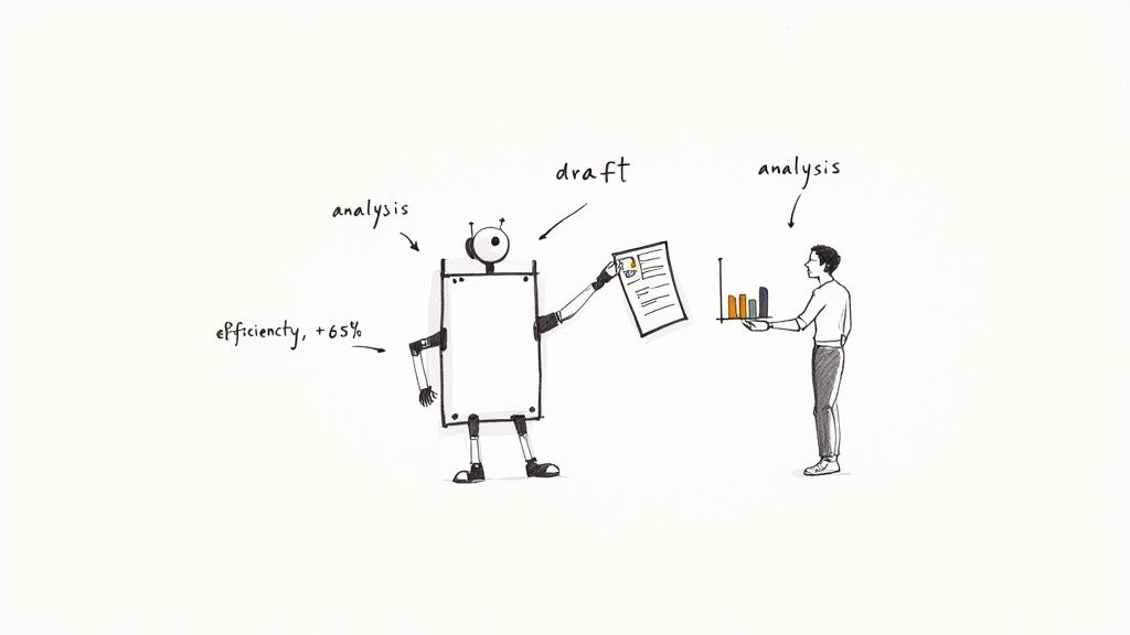Cartoon drawing of a robot passing a draft document to a man analyzing data, symbolizing improved efficiency.