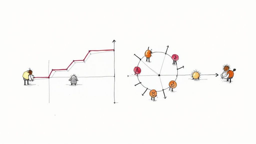 Hand-drawn illustration depicting project planning: a stair-step graph, and a circular task allocation diagram.