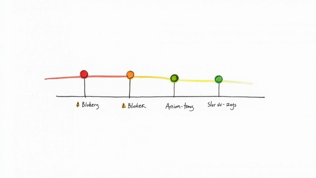 A hand-drawn horizontal timeline with four colored dots: red, orange, and two green, marking different project statuses.