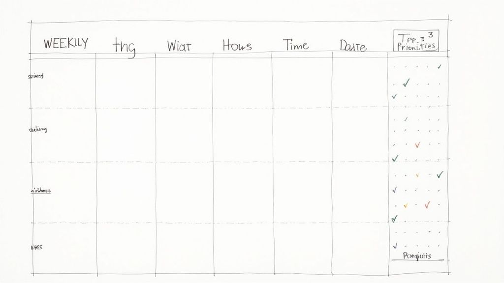Weekly planner template with columns for tracking what, hours, time, date and top three priorities