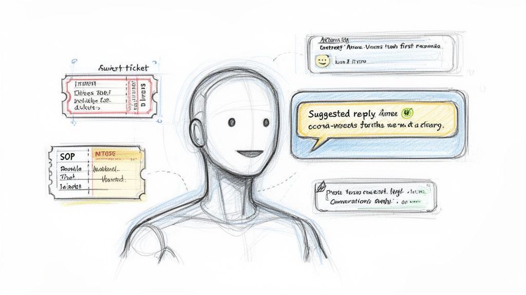 Hand-drawn illustration of a person reviewing digital messages, tickets, and an AI-suggested reply.