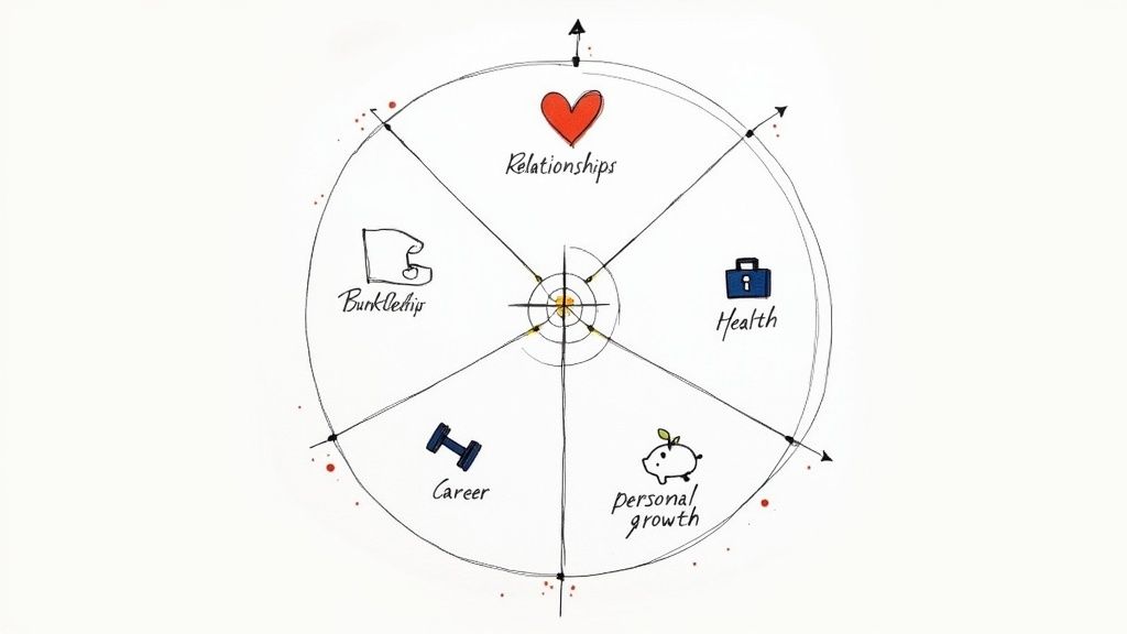 A colorful hand-drawn wheel of life diagram showing five life areas: relationships, health, personal growth, career, and bunklechip.