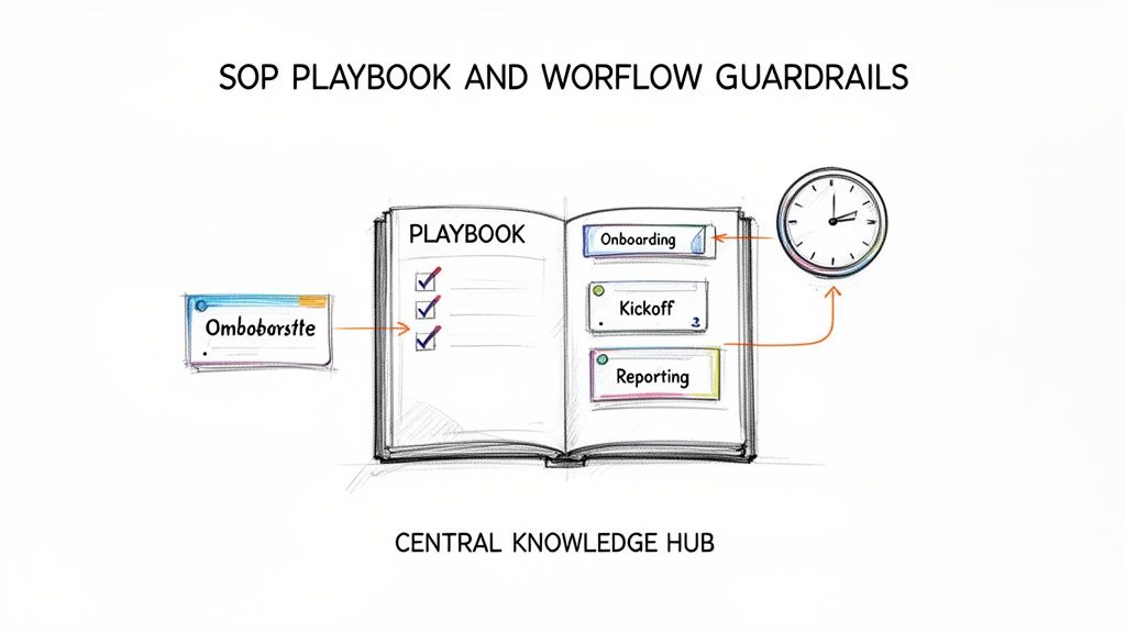 An illustrated playbook shows workflow guardrails for onboarding, kickoff, and reporting from a central knowledge hub.