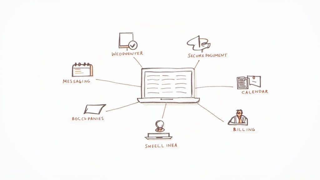 Hand-drawn diagram of a laptop connected to icons for messaging, calendar, billing, and document management features.