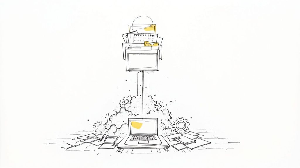 Hand-drawn illustration of a laptop processing documents, launching them to an organized digital display.