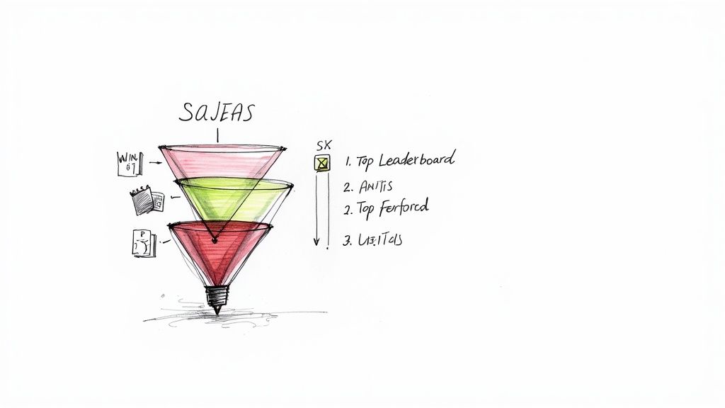 A hand-drawn three-tiered funnel diagram illustrating 'SaJEAS' with related items and a numbered list.