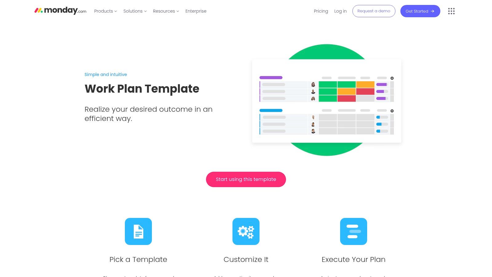 monday.com's work plan template showing a colorful, visual board layout.