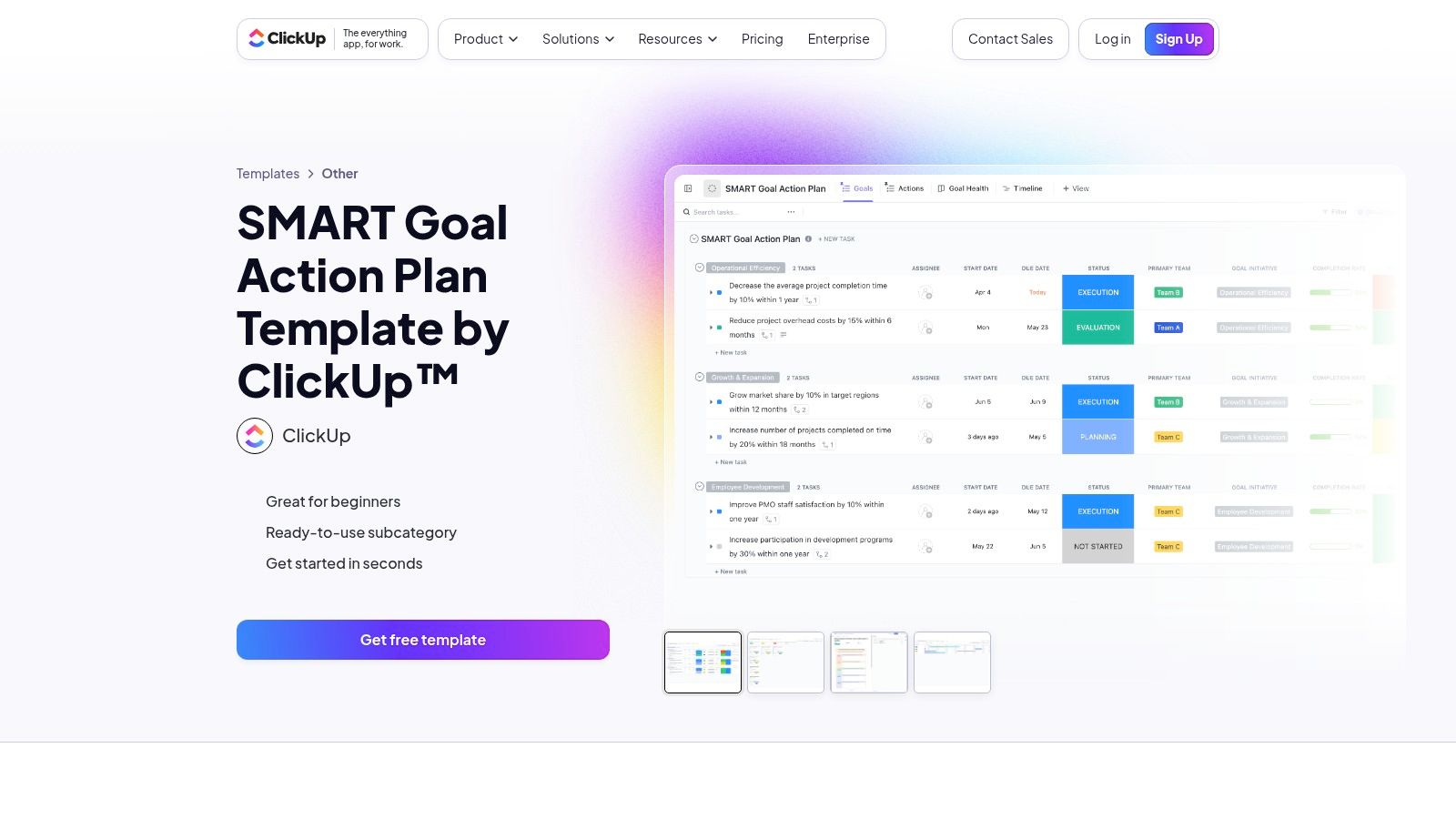 ClickUp's SMART Goal Action Plan template interface showing tasks and timelines.